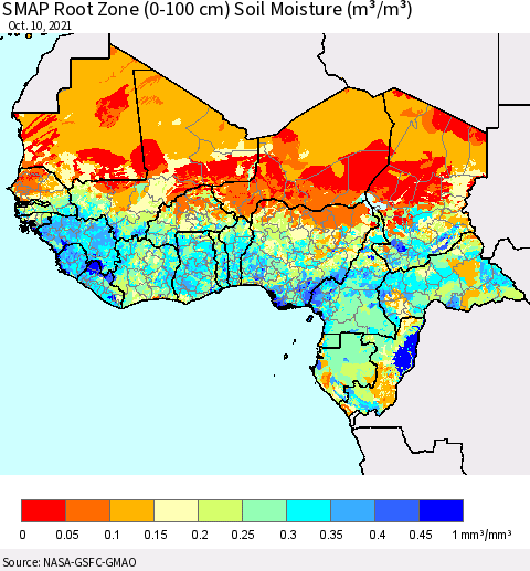 Western Africa SMAP Root Zone (0-100 cm) Soil Moisture (m³/m³) Thematic Map For 10/6/2021 - 10/10/2021