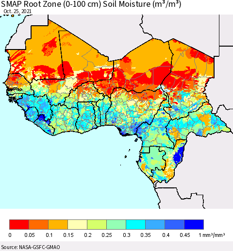 Western Africa SMAP Root Zone (0-100 cm) Soil Moisture (m³/m³) Thematic Map For 10/21/2021 - 10/25/2021