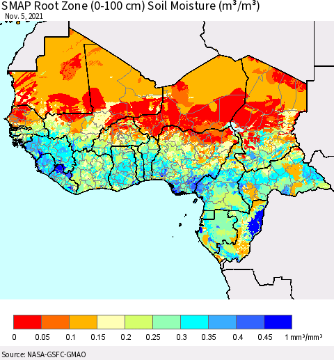 Western Africa SMAP Root Zone (0-100 cm) Soil Moisture (m³/m³) Thematic Map For 11/1/2021 - 11/5/2021