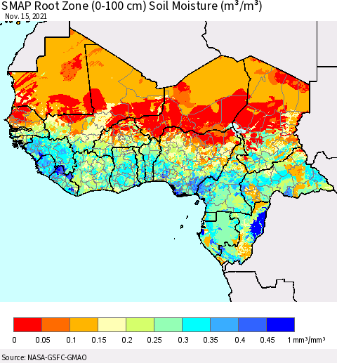Western Africa SMAP Root Zone (0-100 cm) Soil Moisture (m³/m³) Thematic Map For 11/11/2021 - 11/15/2021