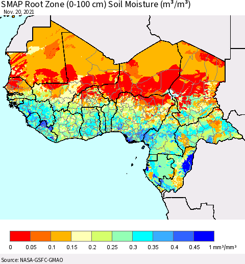 Western Africa SMAP Root Zone (0-100 cm) Soil Moisture (m³/m³) Thematic Map For 11/16/2021 - 11/20/2021