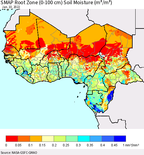 Western Africa SMAP Root Zone (0-100 cm) Soil Moisture (m³/m³) Thematic Map For 1/6/2022 - 1/10/2022