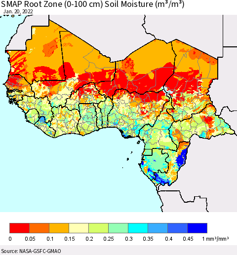 Western Africa SMAP Root Zone (0-100 cm) Soil Moisture (m³/m³) Thematic Map For 1/16/2022 - 1/20/2022