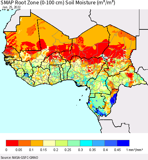 Western Africa SMAP Root Zone (0-100 cm) Soil Moisture (m³/m³) Thematic Map For 1/21/2022 - 1/25/2022