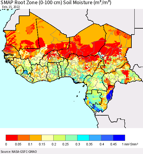 Western Africa SMAP Root Zone (0-100 cm) Soil Moisture (m³/m³) Thematic Map For 2/11/2022 - 2/15/2022