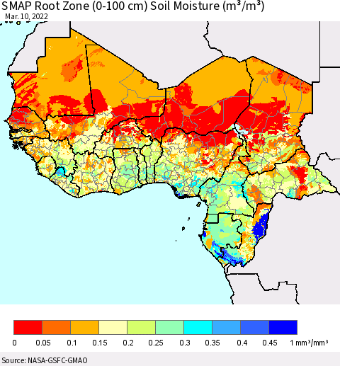 Western Africa SMAP Root Zone (0-100 cm) Soil Moisture (m³/m³) Thematic Map For 3/6/2022 - 3/10/2022