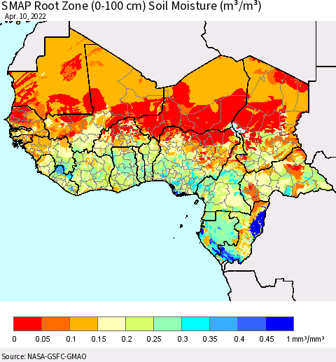 Western Africa SMAP Root Zone (0-100 cm) Soil Moisture (m³/m³) Thematic Map For 4/6/2022 - 4/10/2022
