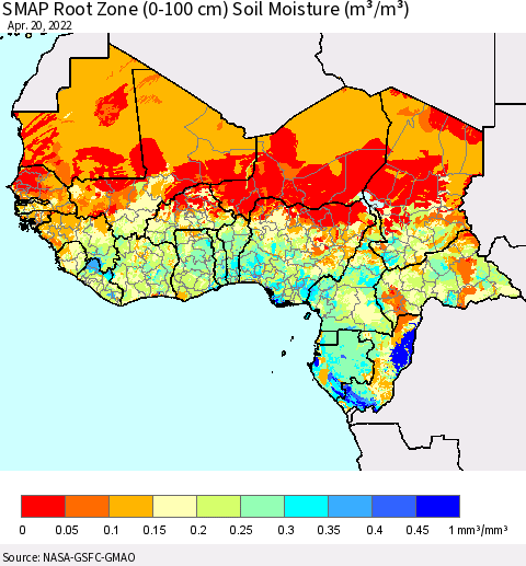 Western Africa SMAP Root Zone (0-100 cm) Soil Moisture (m³/m³) Thematic Map For 4/16/2022 - 4/20/2022