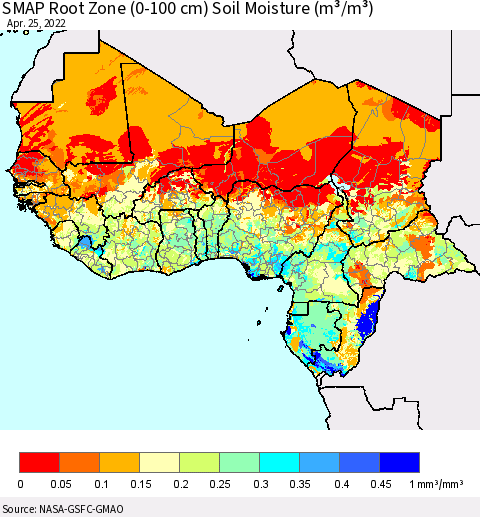 Western Africa SMAP Root Zone (0-100 cm) Soil Moisture (m³/m³) Thematic Map For 4/21/2022 - 4/25/2022