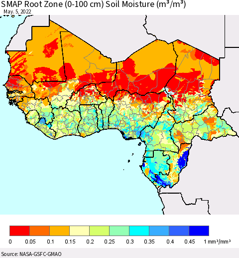 Western Africa SMAP Root Zone (0-100 cm) Soil Moisture (m³/m³) Thematic Map For 5/1/2022 - 5/5/2022