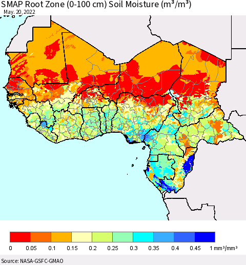 Western Africa SMAP Root Zone (0-100 cm) Soil Moisture (m³/m³) Thematic Map For 5/16/2022 - 5/20/2022
