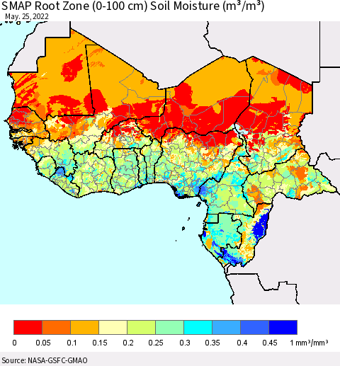 Western Africa SMAP Root Zone (0-100 cm) Soil Moisture (m³/m³) Thematic Map For 5/21/2022 - 5/25/2022