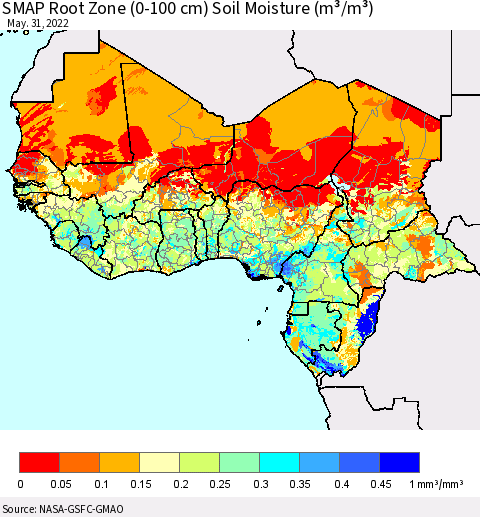 Western Africa SMAP Root Zone (0-100 cm) Soil Moisture (m³/m³) Thematic Map For 5/26/2022 - 5/31/2022