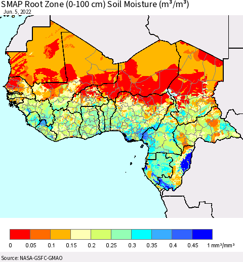 Western Africa SMAP Root Zone (0-100 cm) Soil Moisture (m³/m³) Thematic Map For 6/1/2022 - 6/5/2022