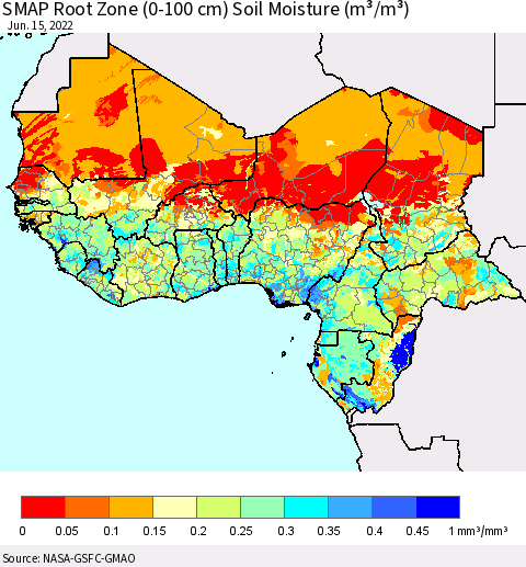 Western Africa SMAP Root Zone (0-100 cm) Soil Moisture (m³/m³) Thematic Map For 6/11/2022 - 6/15/2022