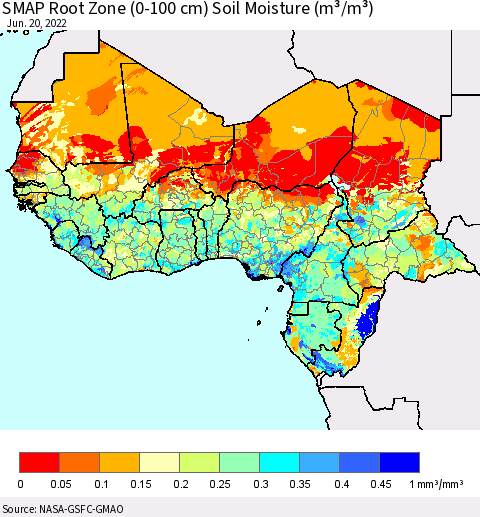 Western Africa SMAP Root Zone (0-100 cm) Soil Moisture (m³/m³) Thematic Map For 6/16/2022 - 6/20/2022