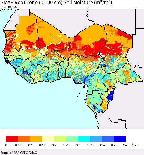 Western Africa SMAP Root Zone (0-100 cm) Soil Moisture (m³/m³) Thematic Map For 7/6/2022 - 7/10/2022