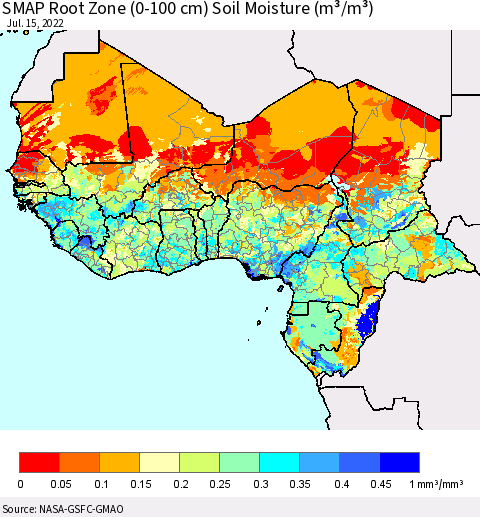 Western Africa SMAP Root Zone (0-100 cm) Soil Moisture (m³/m³) Thematic Map For 7/11/2022 - 7/15/2022