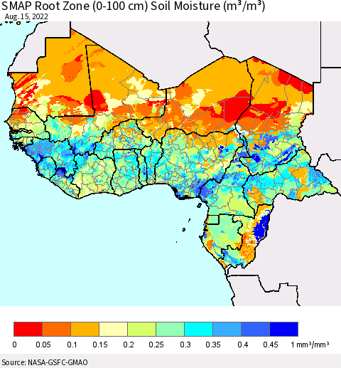 Western Africa SMAP Root Zone (0-100 cm) Soil Moisture (m³/m³) Thematic Map For 8/11/2022 - 8/15/2022