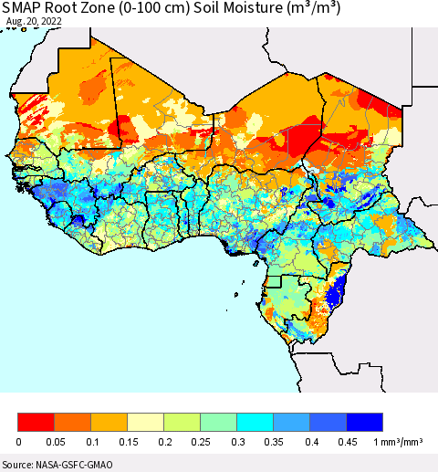 Western Africa SMAP Root Zone (0-100 cm) Soil Moisture (m³/m³) Thematic Map For 8/16/2022 - 8/20/2022
