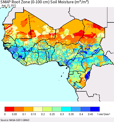Western Africa SMAP Root Zone (0-100 cm) Soil Moisture (m³/m³) Thematic Map For 8/21/2022 - 8/25/2022