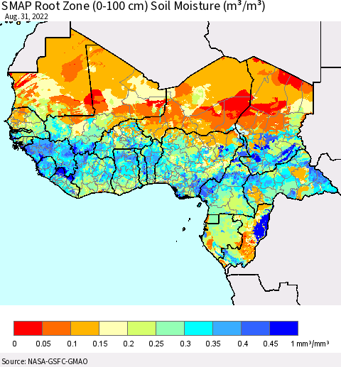 Western Africa SMAP Root Zone (0-100 cm) Soil Moisture (m³/m³) Thematic Map For 8/26/2022 - 8/31/2022