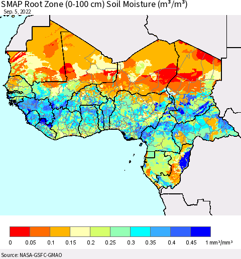 Western Africa SMAP Root Zone (0-100 cm) Soil Moisture (m³/m³) Thematic Map For 9/1/2022 - 9/5/2022