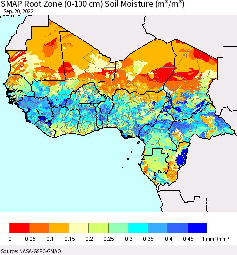 Western Africa SMAP Root Zone (0-100 cm) Soil Moisture (m³/m³) Thematic Map For 9/16/2022 - 9/20/2022