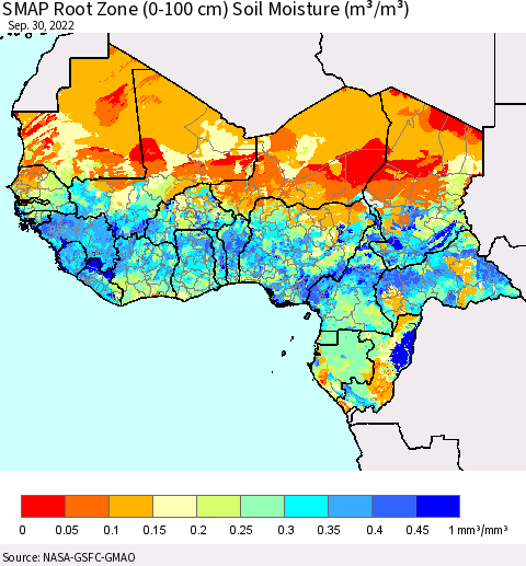 Western Africa SMAP Root Zone (0-100 cm) Soil Moisture (m³/m³) Thematic Map For 9/26/2022 - 9/30/2022