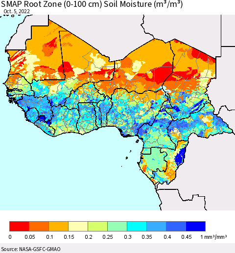 Western Africa SMAP Root Zone (0-100 cm) Soil Moisture (m³/m³) Thematic Map For 10/1/2022 - 10/5/2022