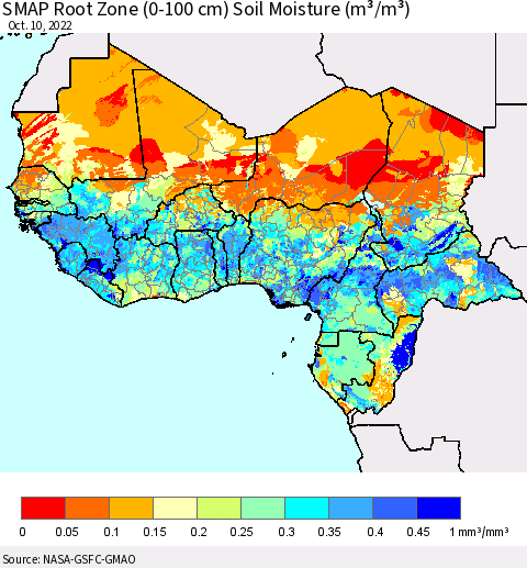 Western Africa SMAP Root Zone (0-100 cm) Soil Moisture (m³/m³) Thematic Map For 10/6/2022 - 10/10/2022