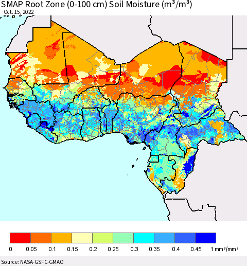 Western Africa SMAP Root Zone (0-100 cm) Soil Moisture (m³/m³) Thematic Map For 10/11/2022 - 10/15/2022