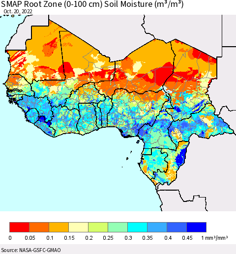 Western Africa SMAP Root Zone (0-100 cm) Soil Moisture (m³/m³) Thematic Map For 10/16/2022 - 10/20/2022