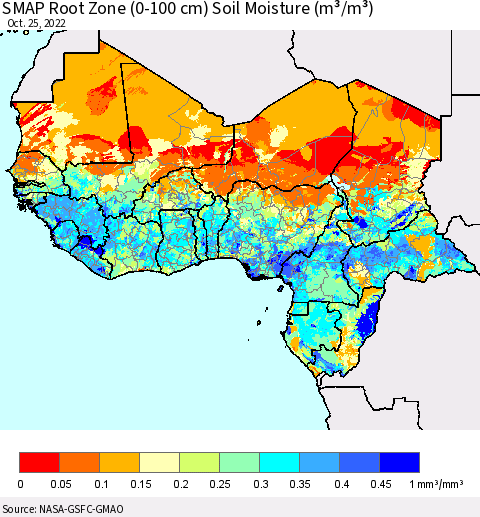 Western Africa SMAP Root Zone (0-100 cm) Soil Moisture (m³/m³) Thematic Map For 10/21/2022 - 10/25/2022