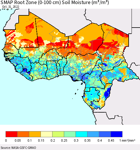 Western Africa SMAP Root Zone (0-100 cm) Soil Moisture (m³/m³) Thematic Map For 10/26/2022 - 10/31/2022