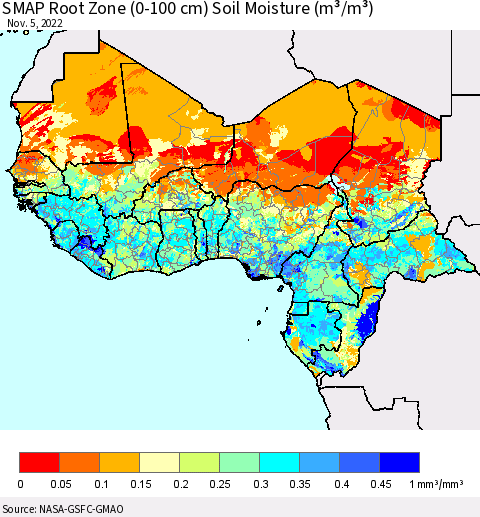 Western Africa SMAP Root Zone (0-100 cm) Soil Moisture (m³/m³) Thematic Map For 11/1/2022 - 11/5/2022