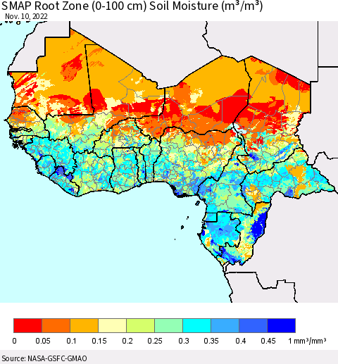 Western Africa SMAP Root Zone (0-100 cm) Soil Moisture (m³/m³) Thematic Map For 11/6/2022 - 11/10/2022