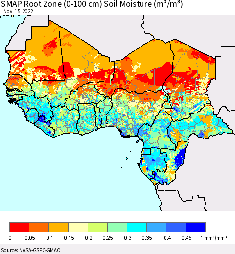 Western Africa SMAP Root Zone (0-100 cm) Soil Moisture (m³/m³) Thematic Map For 11/11/2022 - 11/15/2022