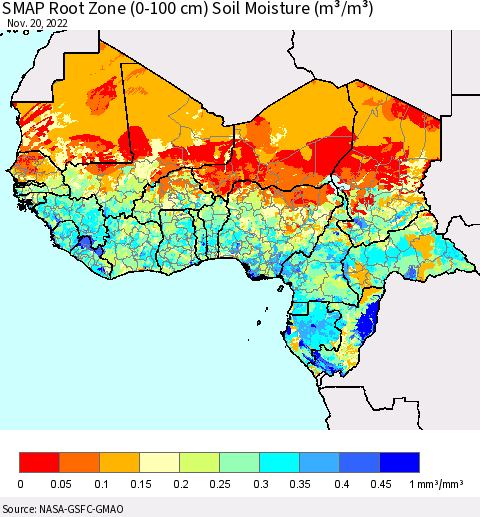 Western Africa SMAP Root Zone (0-100 cm) Soil Moisture (m³/m³) Thematic Map For 11/16/2022 - 11/20/2022