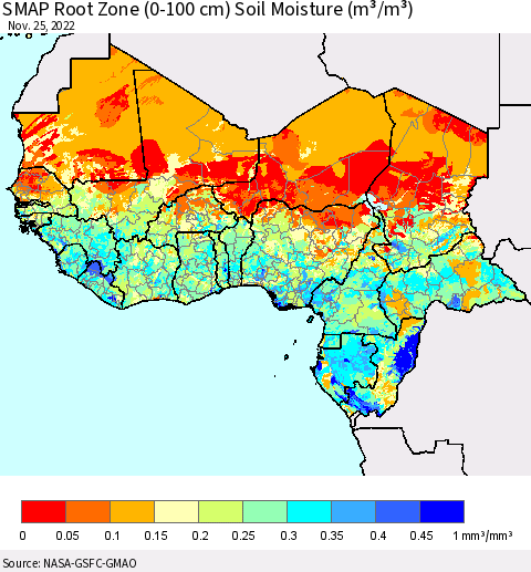 Western Africa SMAP Root Zone (0-100 cm) Soil Moisture (m³/m³) Thematic Map For 11/21/2022 - 11/25/2022