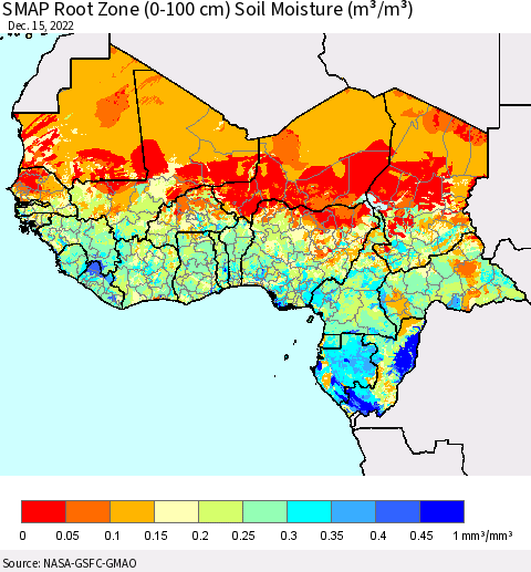 Western Africa SMAP Root Zone (0-100 cm) Soil Moisture (m³/m³) Thematic Map For 12/11/2022 - 12/15/2022