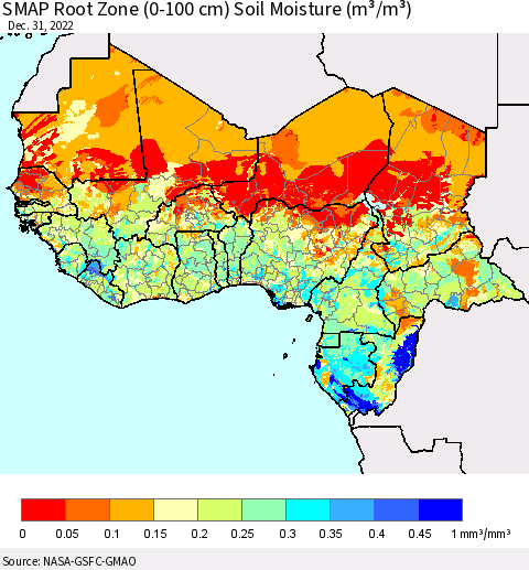 Western Africa SMAP Root Zone (0-100 cm) Soil Moisture (m³/m³) Thematic Map For 12/26/2022 - 12/31/2022