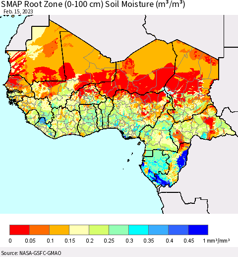 Western Africa SMAP Root Zone (0-100 cm) Soil Moisture (m³/m³) Thematic Map For 2/11/2023 - 2/15/2023