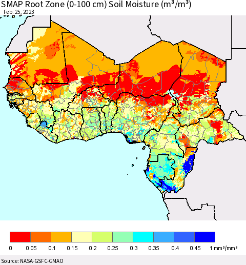 Western Africa SMAP Root Zone (0-100 cm) Soil Moisture (m³/m³) Thematic Map For 2/21/2023 - 2/25/2023