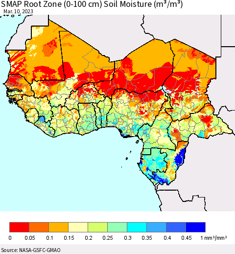 Western Africa SMAP Root Zone (0-100 cm) Soil Moisture (m³/m³) Thematic Map For 3/6/2023 - 3/10/2023