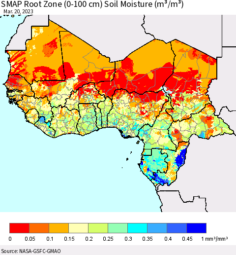 Western Africa SMAP Root Zone (0-100 cm) Soil Moisture (m³/m³) Thematic Map For 3/16/2023 - 3/20/2023