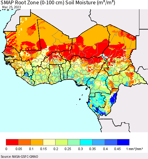 Western Africa SMAP Root Zone (0-100 cm) Soil Moisture (m³/m³) Thematic Map For 3/21/2023 - 3/25/2023