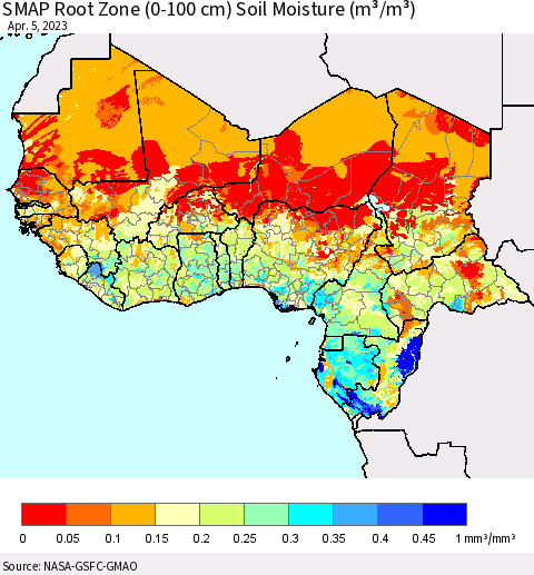 Western Africa SMAP Root Zone (0-100 cm) Soil Moisture (m³/m³) Thematic Map For 4/1/2023 - 4/5/2023