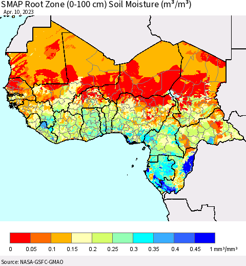 Western Africa SMAP Root Zone (0-100 cm) Soil Moisture (m³/m³) Thematic Map For 4/6/2023 - 4/10/2023