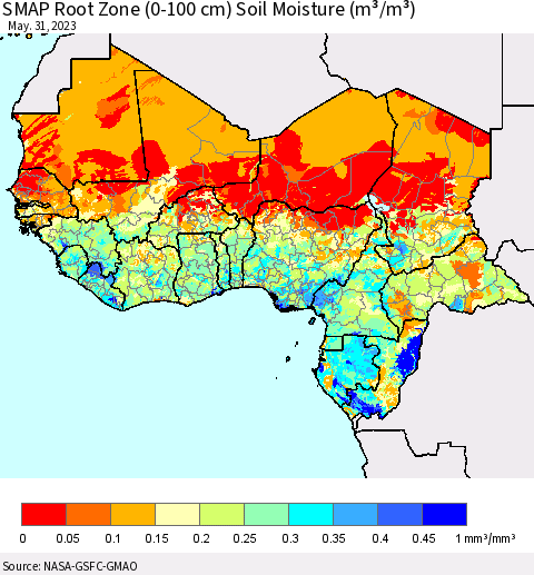 Western Africa SMAP Root Zone (0-100 cm) Soil Moisture (m³/m³) Thematic Map For 5/26/2023 - 5/31/2023